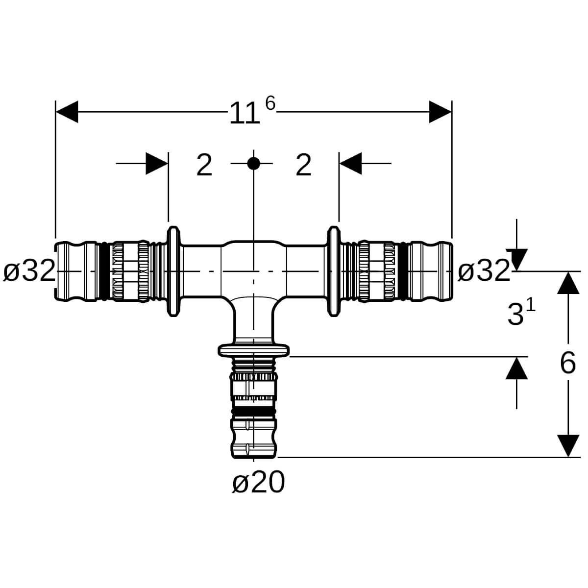Geberit T-Stück Mepla Ø 32 x 20 x 32 mm reduziert PVDF