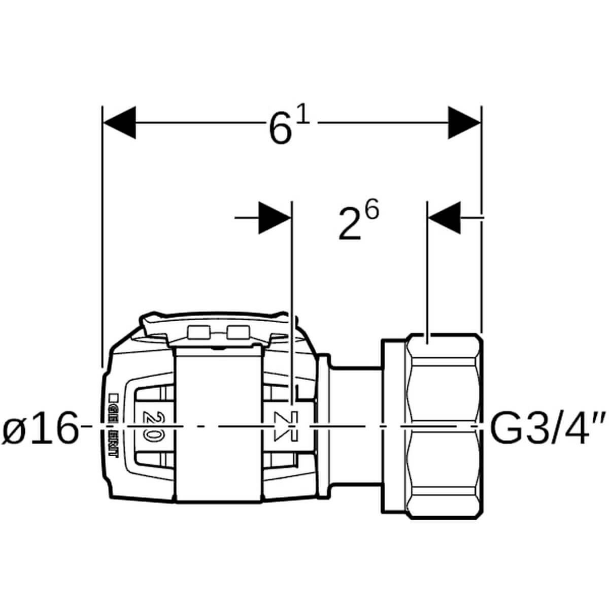 Geberit Verteilerabgang FlowFit Ø 16 mm x G 3/4 61 mm für Eurokonus