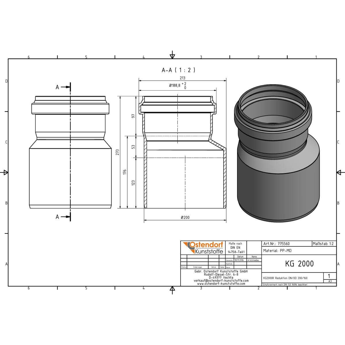 Ostendorf Reduktion R DN/OD KG2000 200/160 exzentrisch