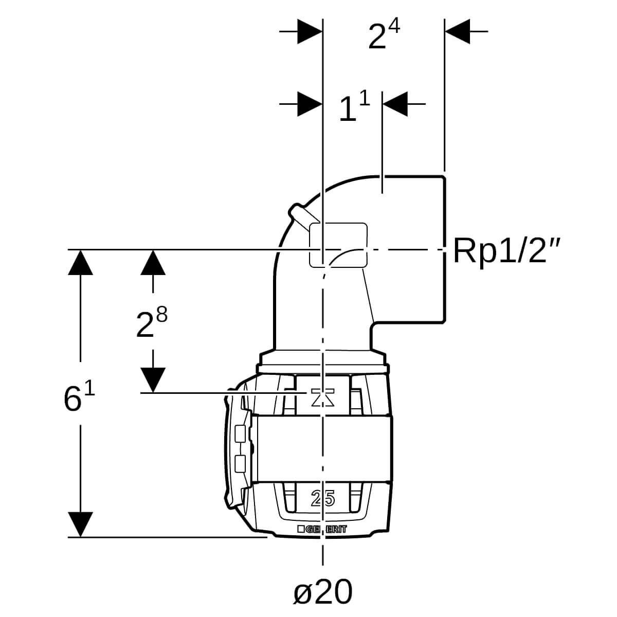 Geberit Übergangsbogen FlowFit Ø 20 mm R 1/2 90° mit Innengewinde