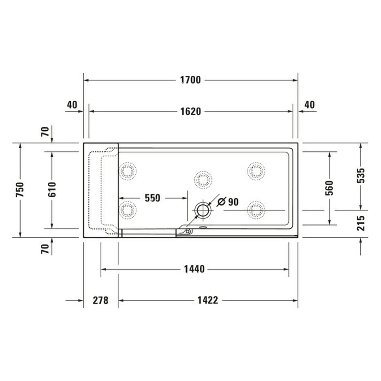 Duravit Badewanne Shower+Bath 170x75 cm Ecke rechts, Klarglas, matt Weiß