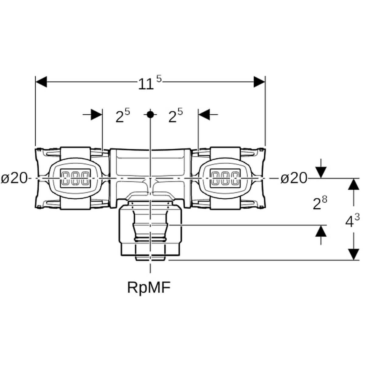 Geberit Übergangs-T-Stück FlowFit Ø 20 mm x Rp MF 1/2 x 20 mm