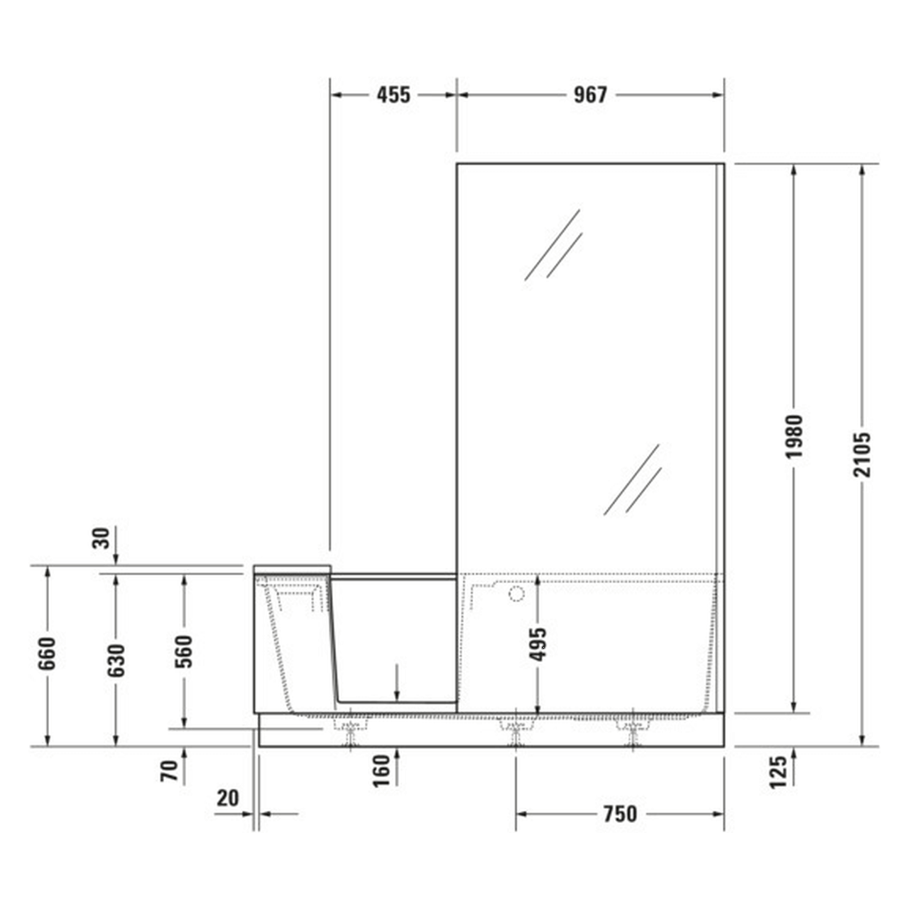 Duravit Badewanne Shower+Bath 170x75 cm Ecke rechts, Klarglas, matt Weiß
