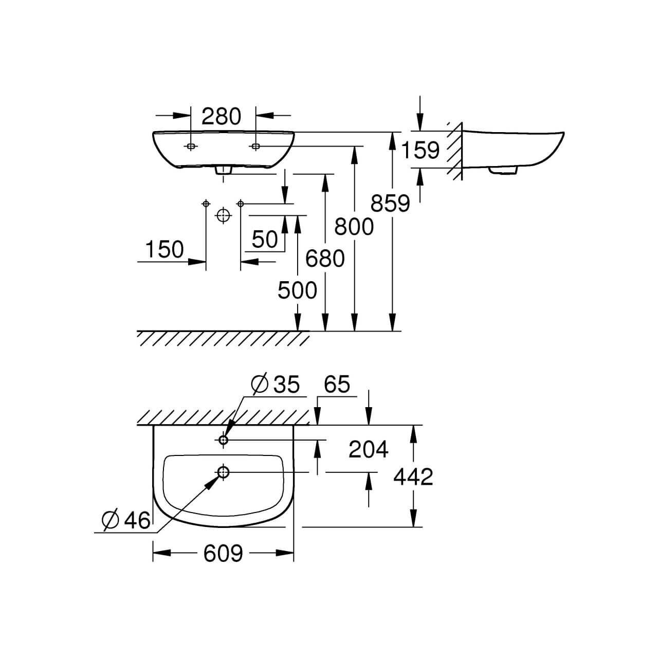 Grohe Waschtisch Bau Keramik 60,9x44,2 cm Weiß 1 Hahnloch wandhängend