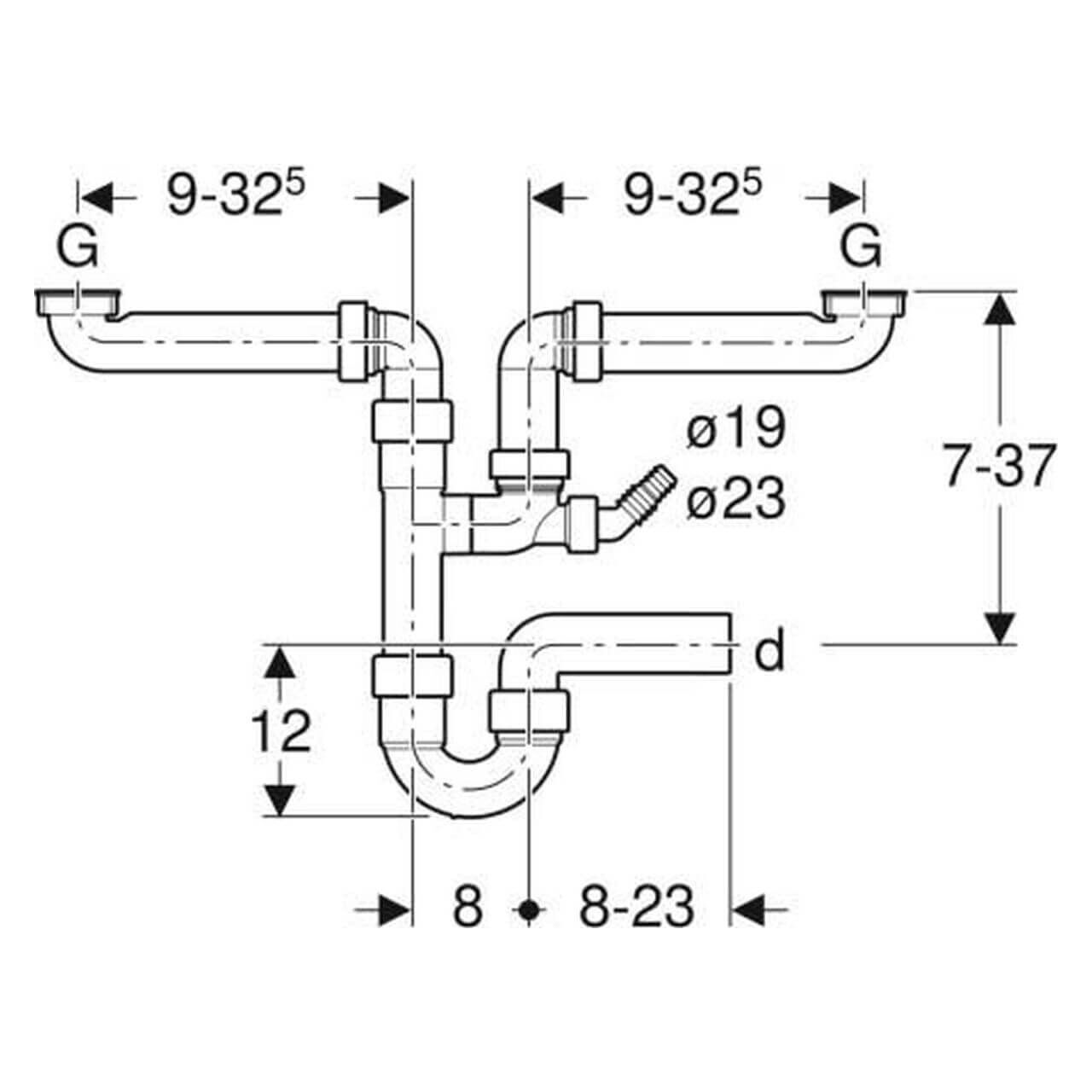 Geberit Rohrbogen G1 1/2 x 50 mm horizontal für 2 Spülbecken Weiß