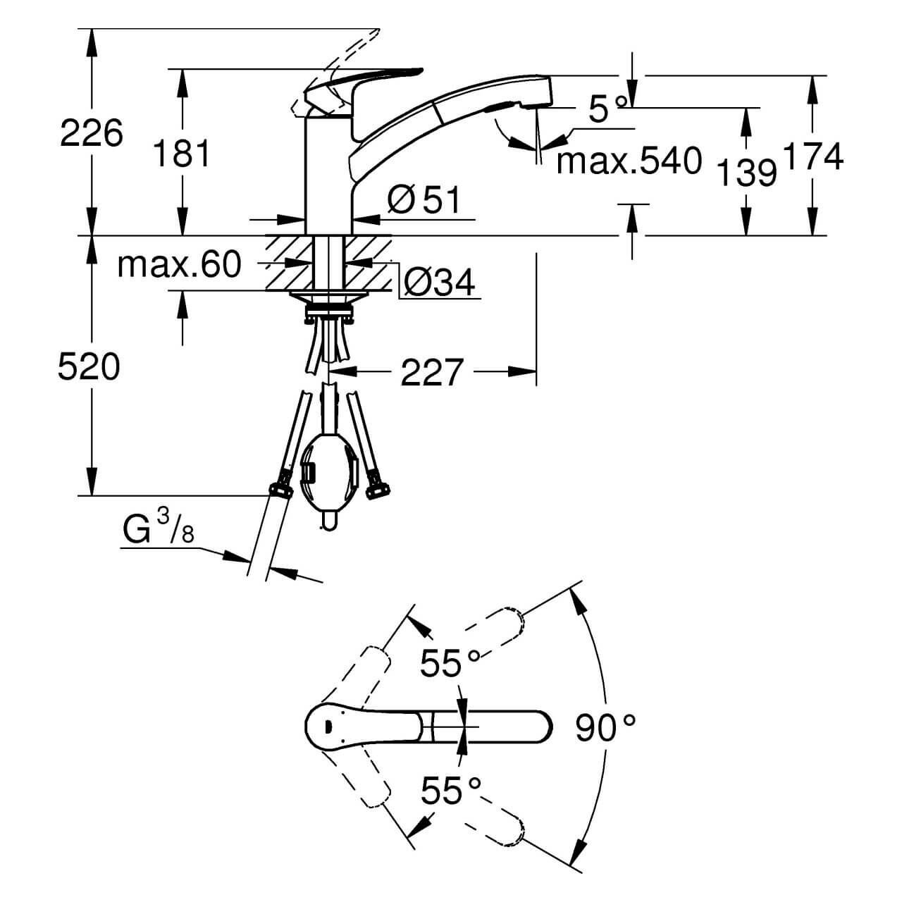 Grohe Spültischarmatur Eurosmart 1/2" mit herausziehbarer Dual-Spülbrause Chrom