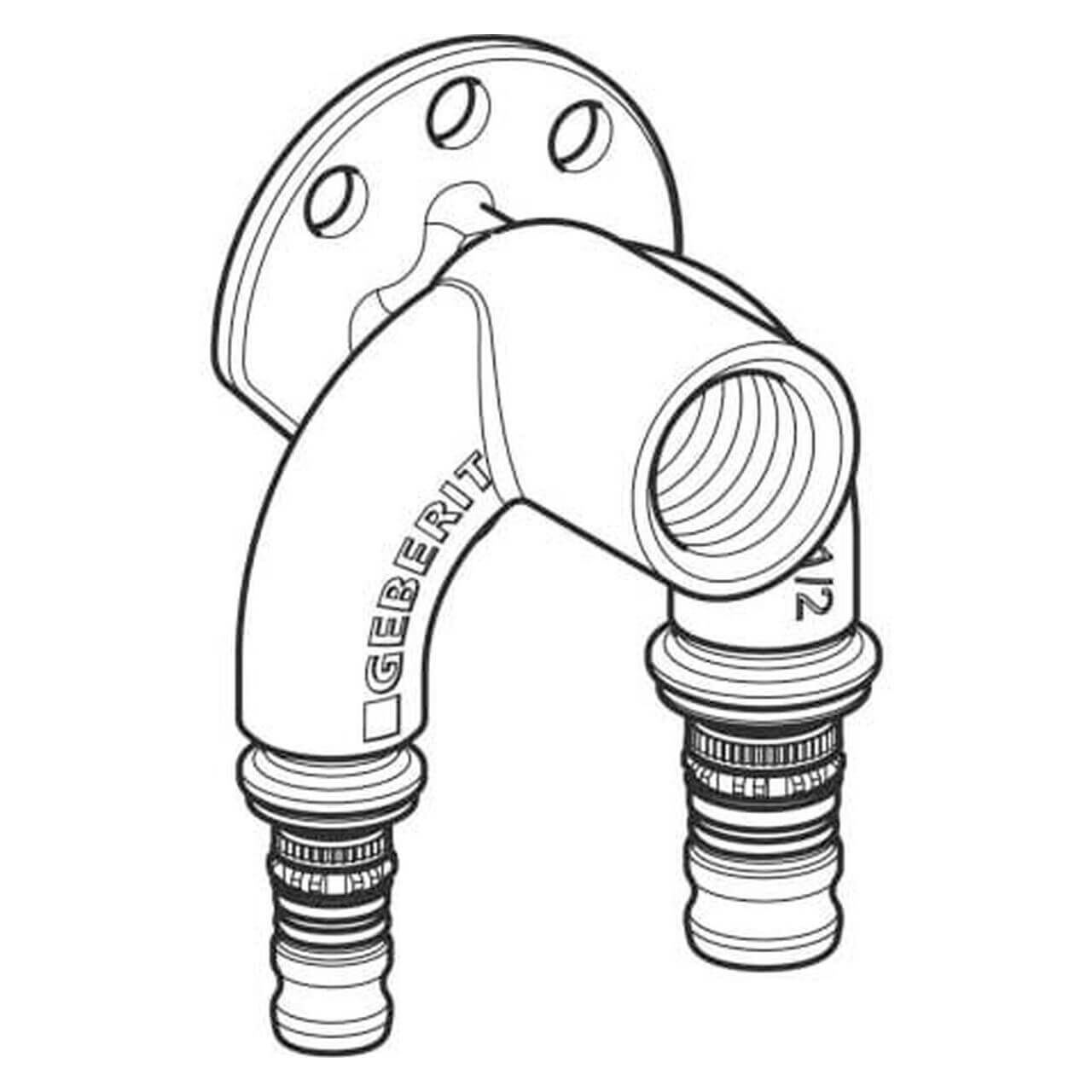 Geberit Doppelanschlusswinkel Mepla Ø 16 mm x Rp 1/2 x 16 mm 90° Rotguss