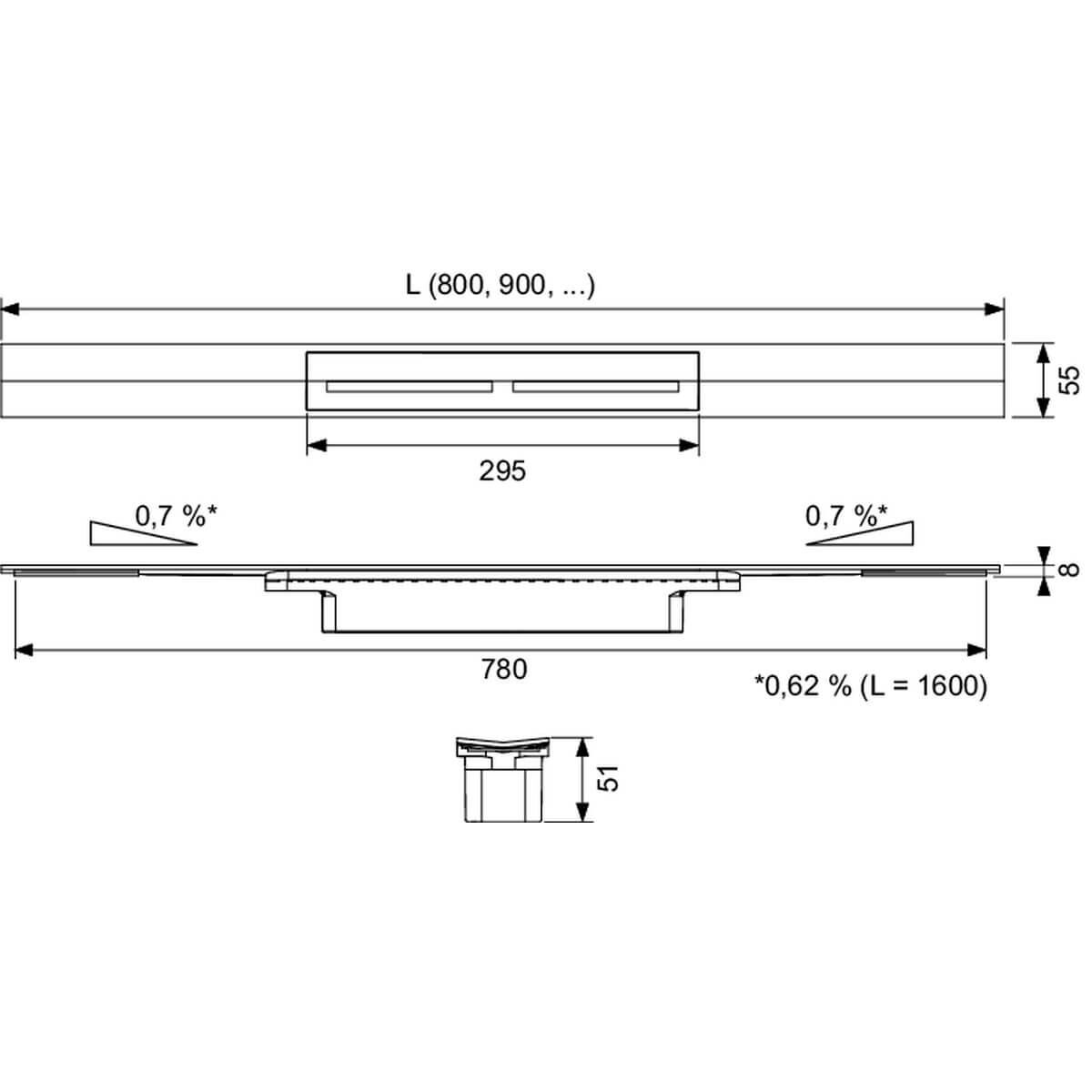 Tece Duschrinne drainprofile Breite 55 mm 900 mm gebürstet
