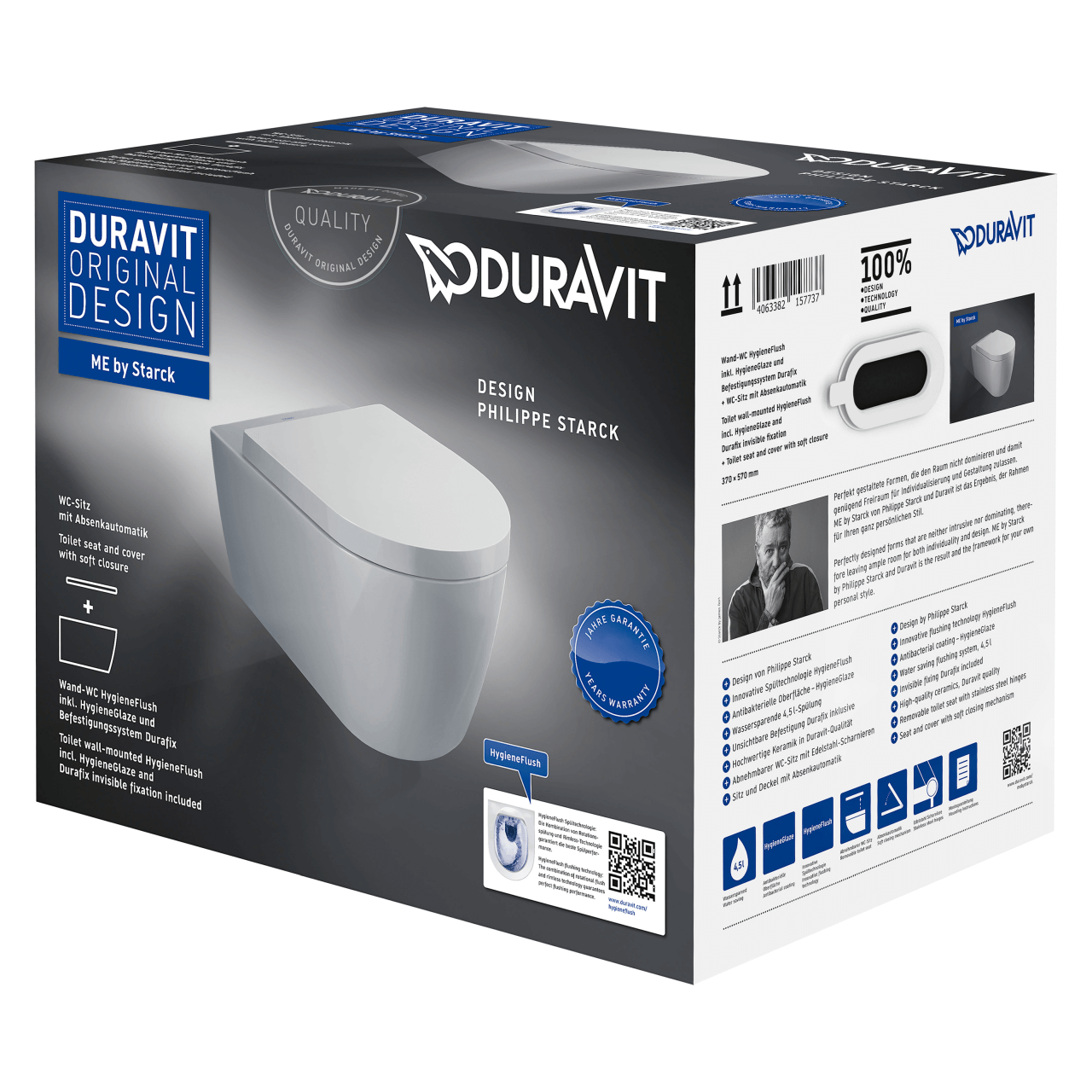 Duravit Wand-Tiefspül-WC Set Me by Starck HygieneFlush Rimless mit WC-Sitz Weiß