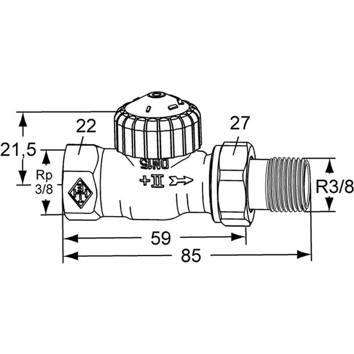 Heimeier Th-Vtl-Untert V-exact II Rp 3/8 Durchgang Rotguss vernickelt