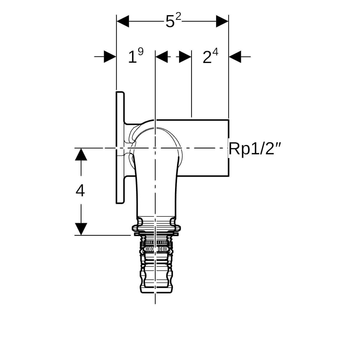 Geberit Doppelanschlusswinkel Mepla Ø 16 mm x Rp 1/2 x 16 mm 90° Rotguss