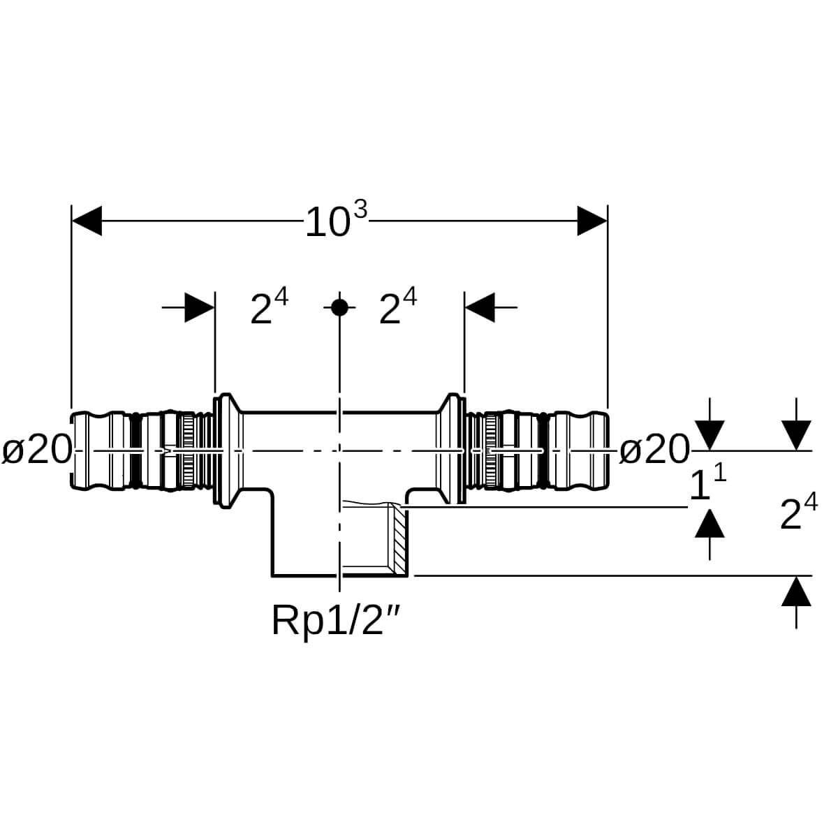 Geberit T-Stück Mepla Ø 20 x Rp 1/2 x 20 mm mit Innengewinde Rotguss