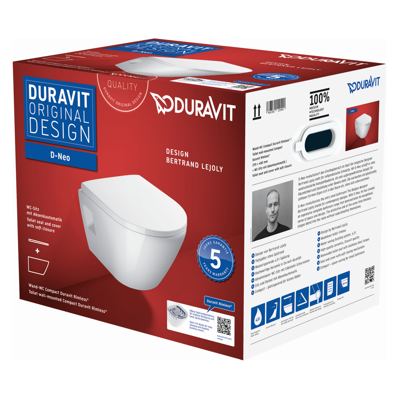 Duravit Wand-Tiefspül-WC-Set Compact D-Neo Rimless Weiß mit WC-Sitz und Absenkautomatik (45870900A1)