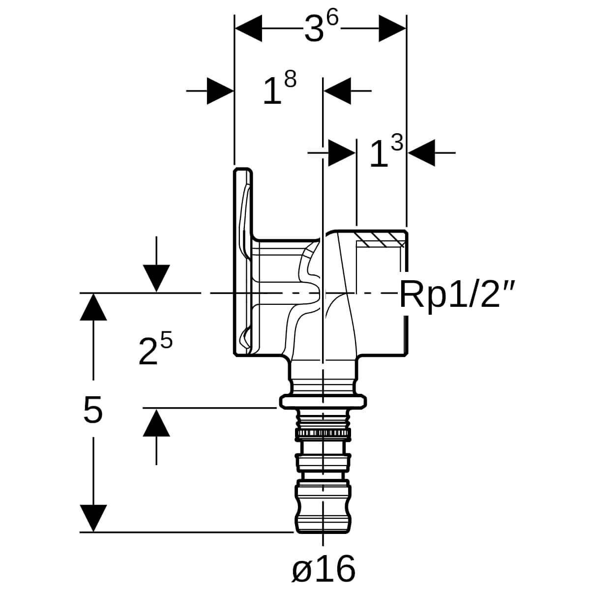 Geberit Anschlusswinkel Mepla Ø 16 mm x Rp 1/2 x 36 mm 90° Rotguss