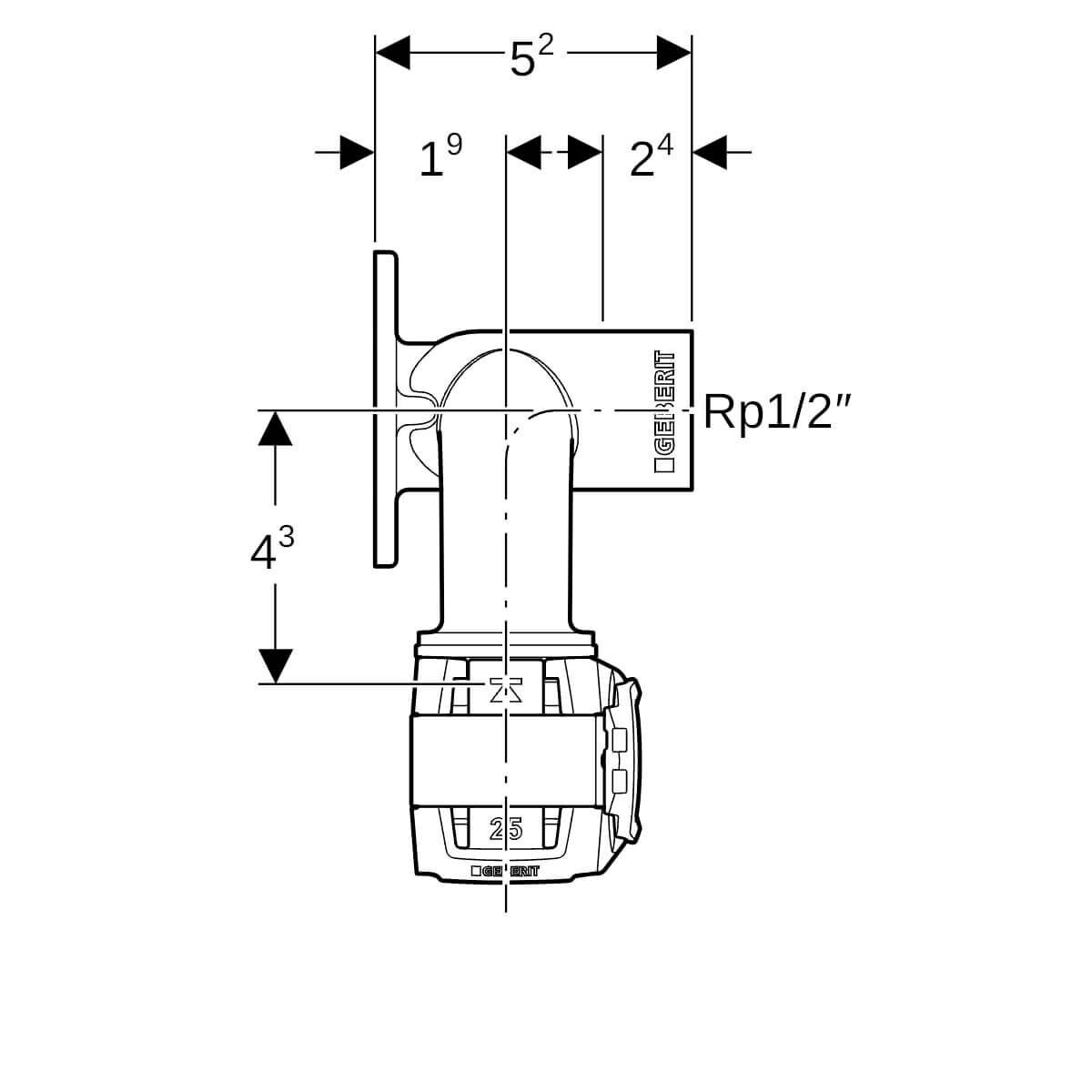 Geberit Doppelanschlusswinkel FlowFit Ø 20 mm x Rp 1/2 x 20 mm 52 mm 90°