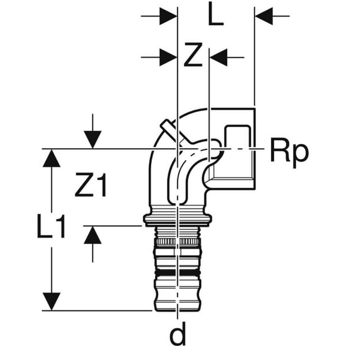 Geberit Übergangsbogen Mepla Ø 16 mm x Rp 1/2 90° mit IG Rotguss