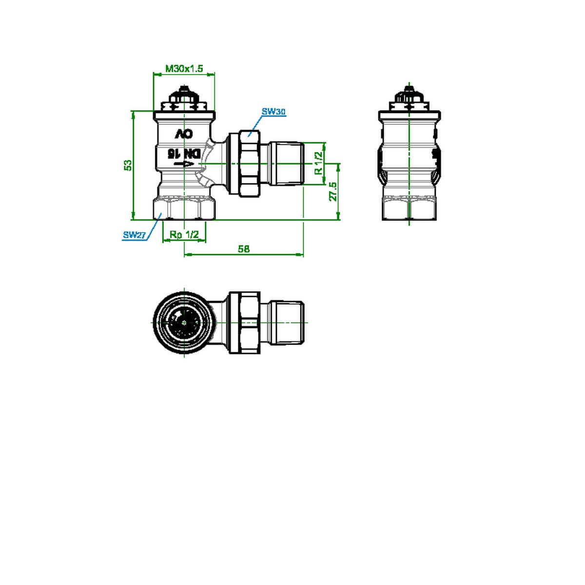 Oventrop Thermostatventil Baureihe AV 9 DN 15 Eck messing vernickelt