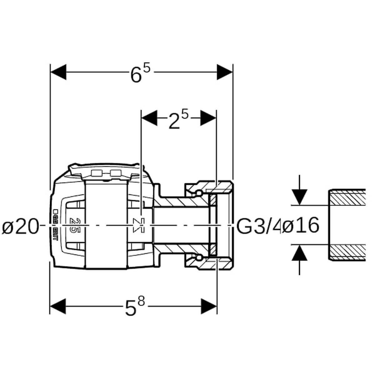 Geberit Übergang FlowFit Ø 20 mm G 3/4 mit Überwurfmutter