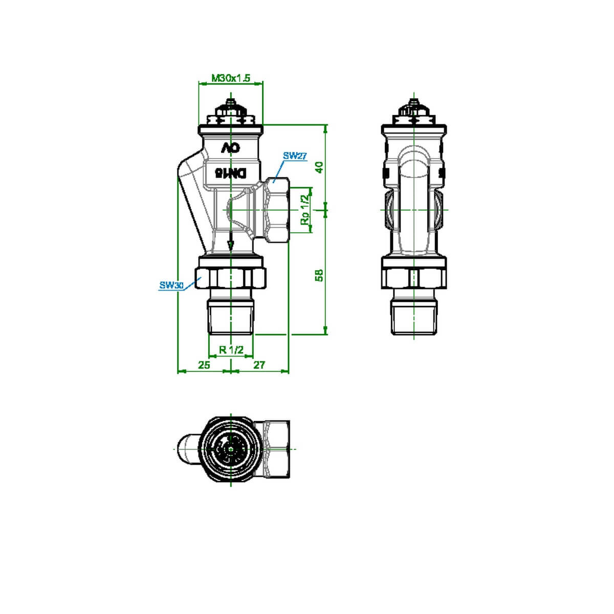 Oventrop Thermostatventil Baureihe AV 9 DN 15 Axial messing vernickelt