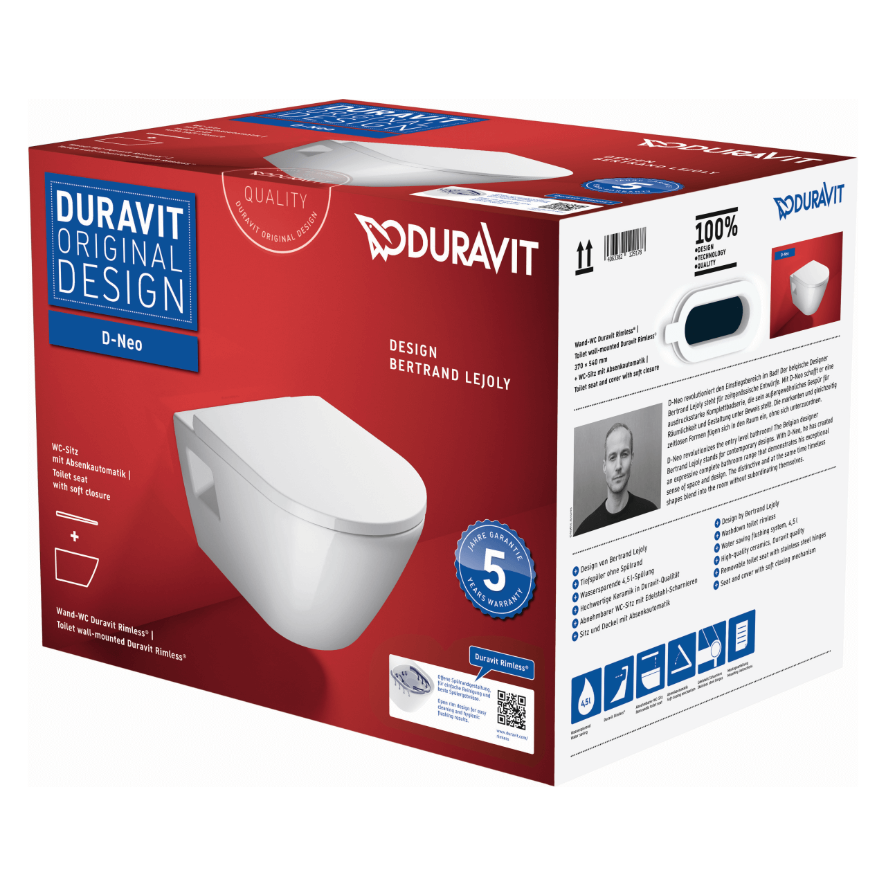 Duravit - Wand-Tiefspül-WC-Set - D-Neo Rimless Weiß | WC-Sitz | Absenkautomatik