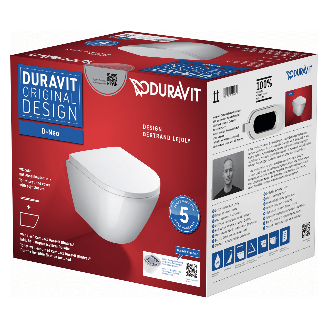 Duravit Wand-Tiefspül-WC-Set Compact D-Neo mit WC-Sitz Rimless Weiß