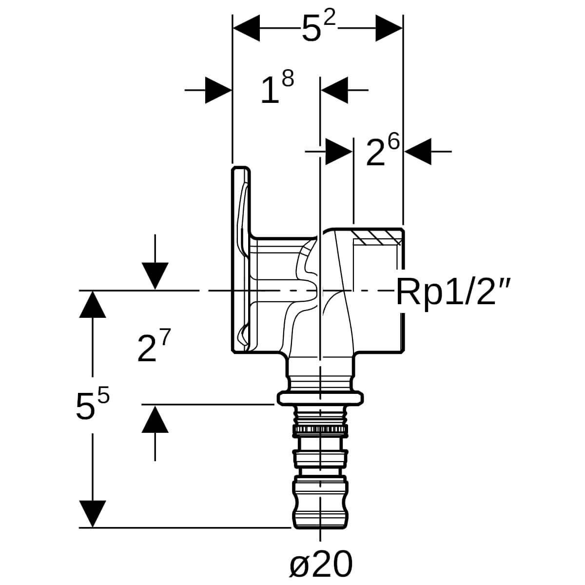Geberit Anschlusswinkel Mepla Ø 20 mm x Rp 1/2 x 52 mm 90° Rotguss