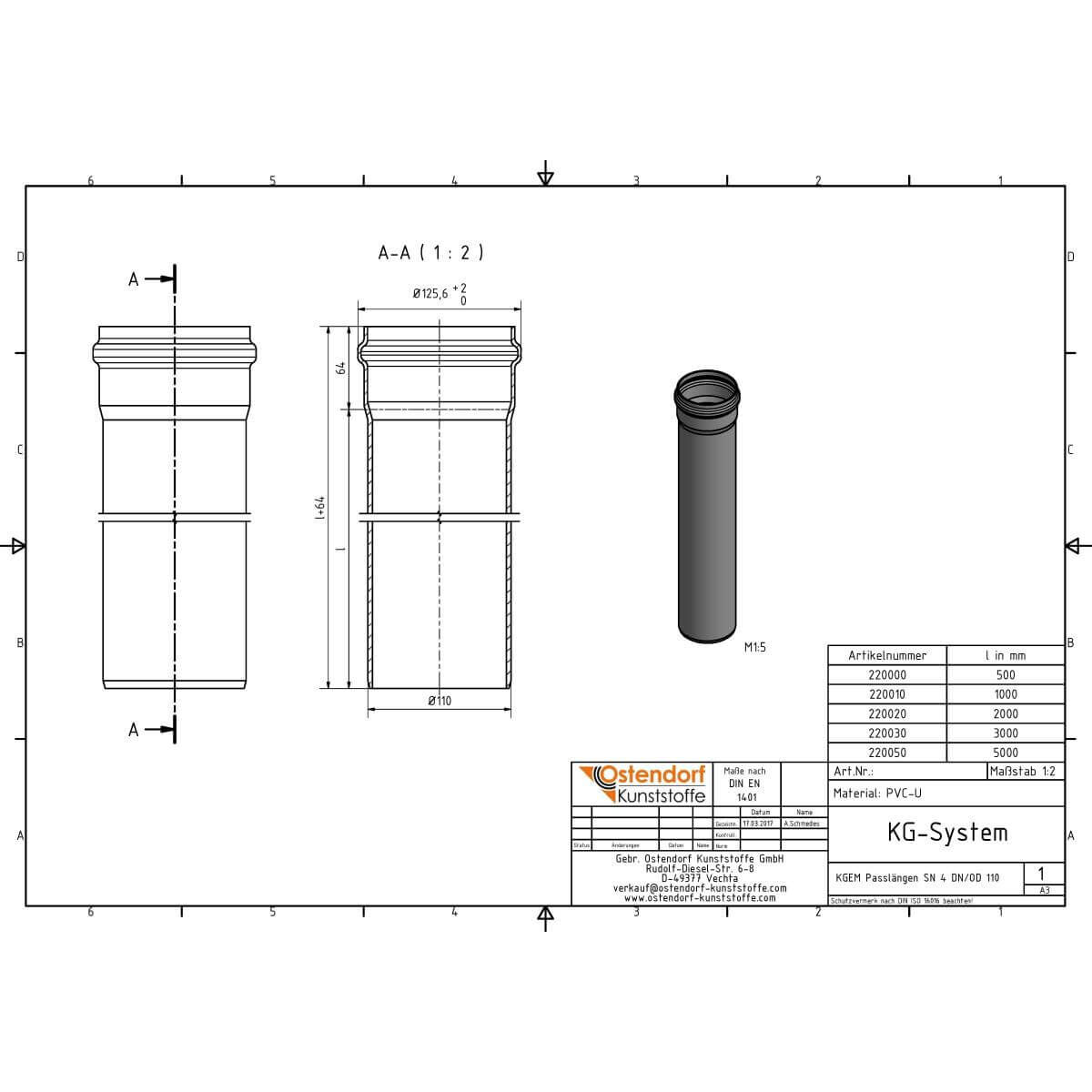 Ostendorf Rohr SN KG 4 Coex EM DN/OD 110 x 3,2 mm 500 mm mit Muffe