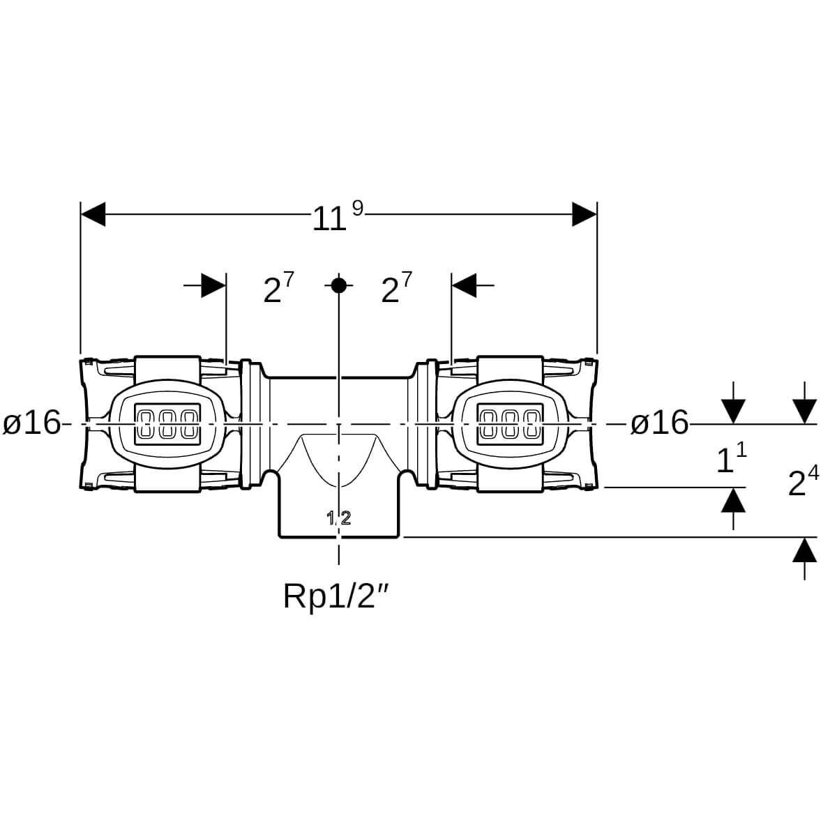 Geberit T-Stück FlowFit 16 mm x Rp 1/2 x 16 mm mit Innengewinde