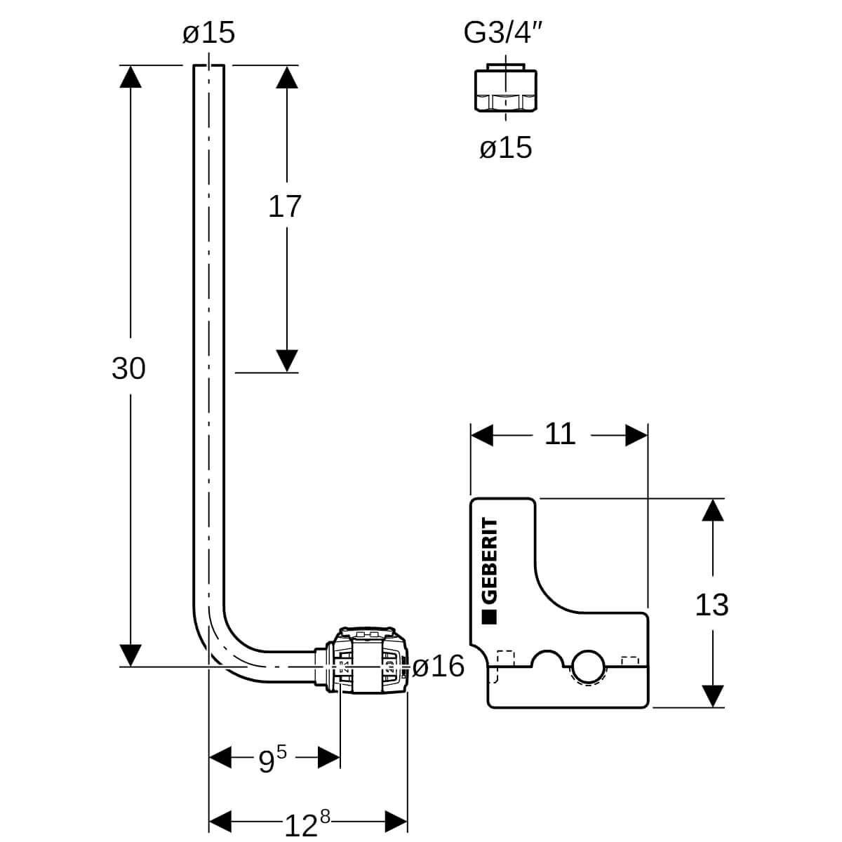 Geberit Metallrohr-Bogen FlowFit Ø 16/15 mm x G 3/4 300 mm 90°