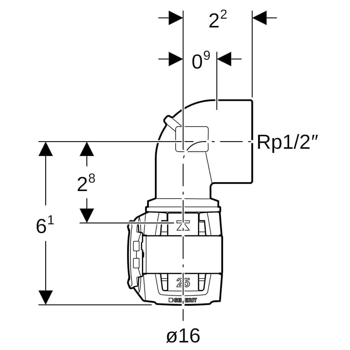 Geberit Übergangsbogen FlowFit Ø 16 mm R 1/2 90° mit Innengewinde