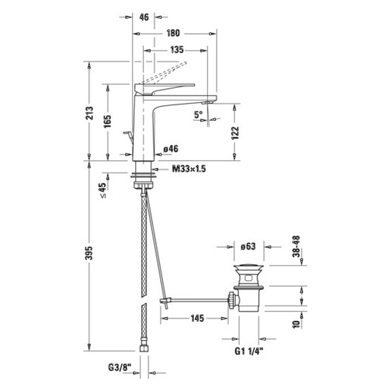 Duravit Waschtischarmatur Tulum M Chrom 135 mm mit Zugstangen-Ablaufgarnitur (TU1020001010)
