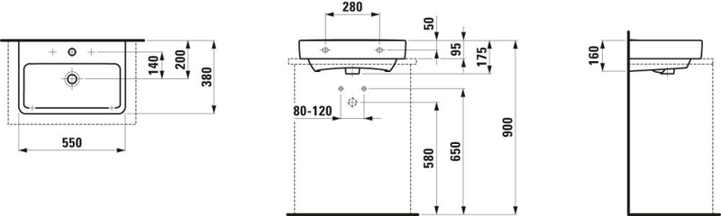 Laufen Waschtisch PRO S COMPACT 55x38cm, US gs, o. ÜL/1 Hahnl., we.