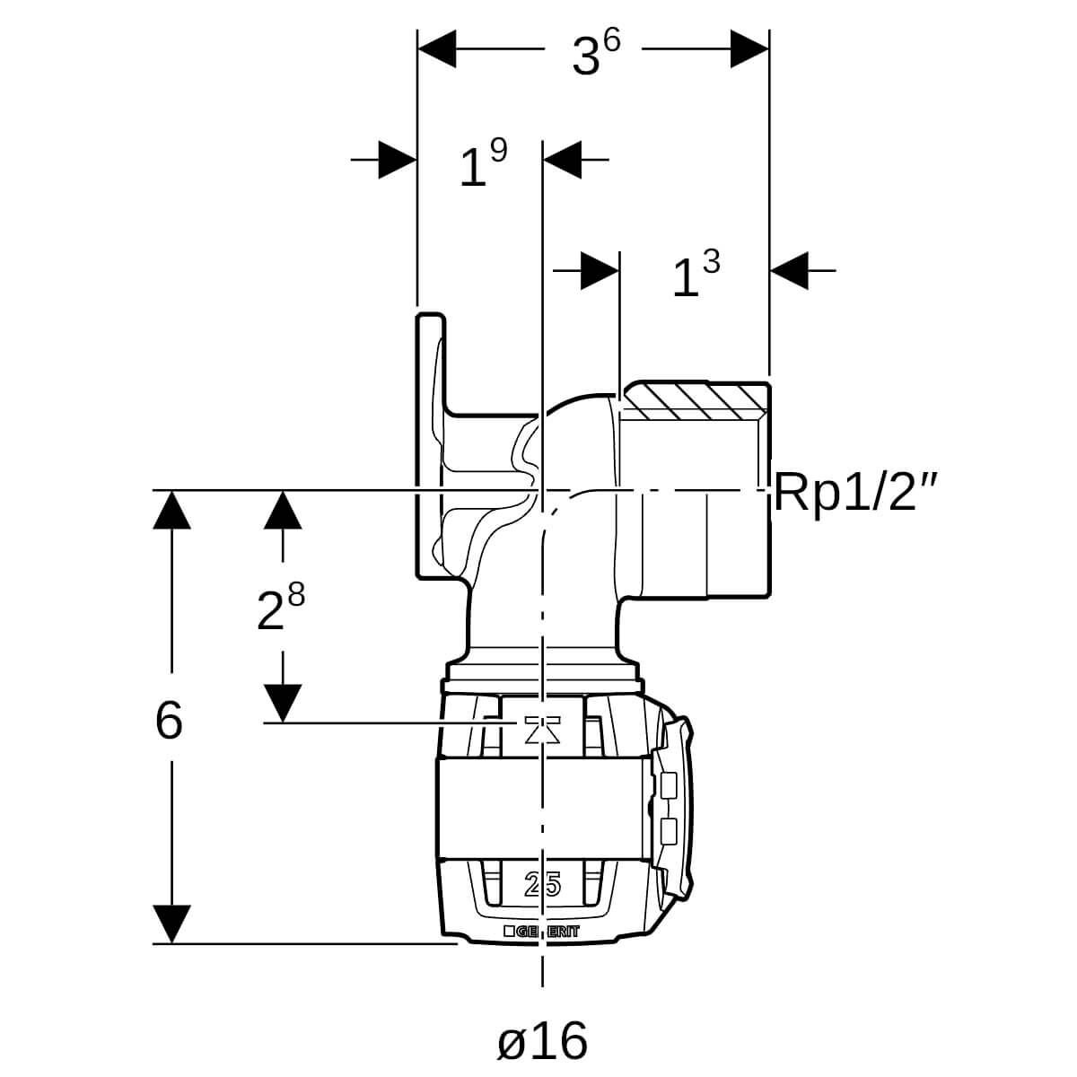 Geberit Anschlusswinkel FlowFit Ø 16 mm x Rp 1/2 x 36 mm 90°