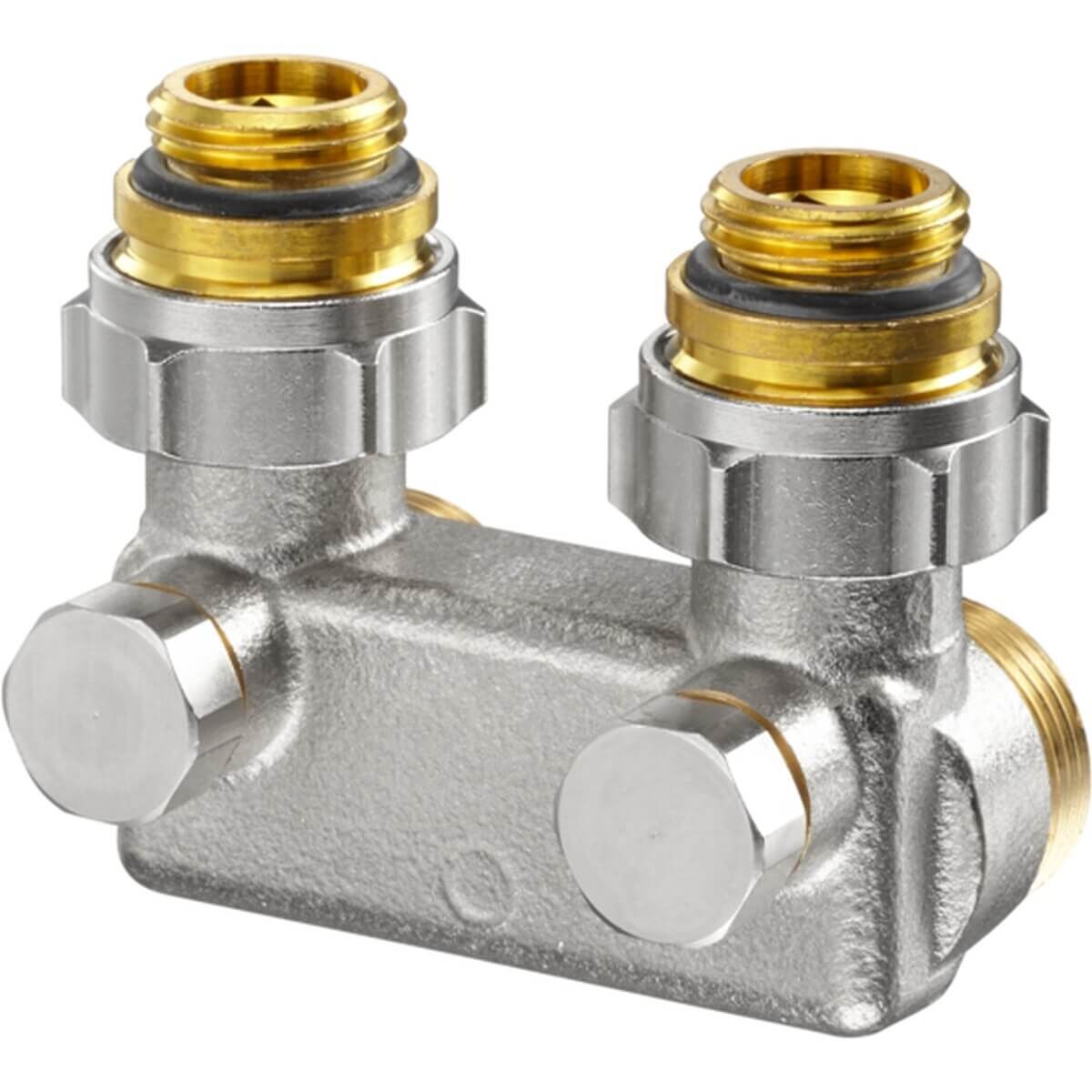 Oventrop Umlenkstück G 1/2 AG x G 3/4 AG Eck mit Absperrung messing vernickelt
