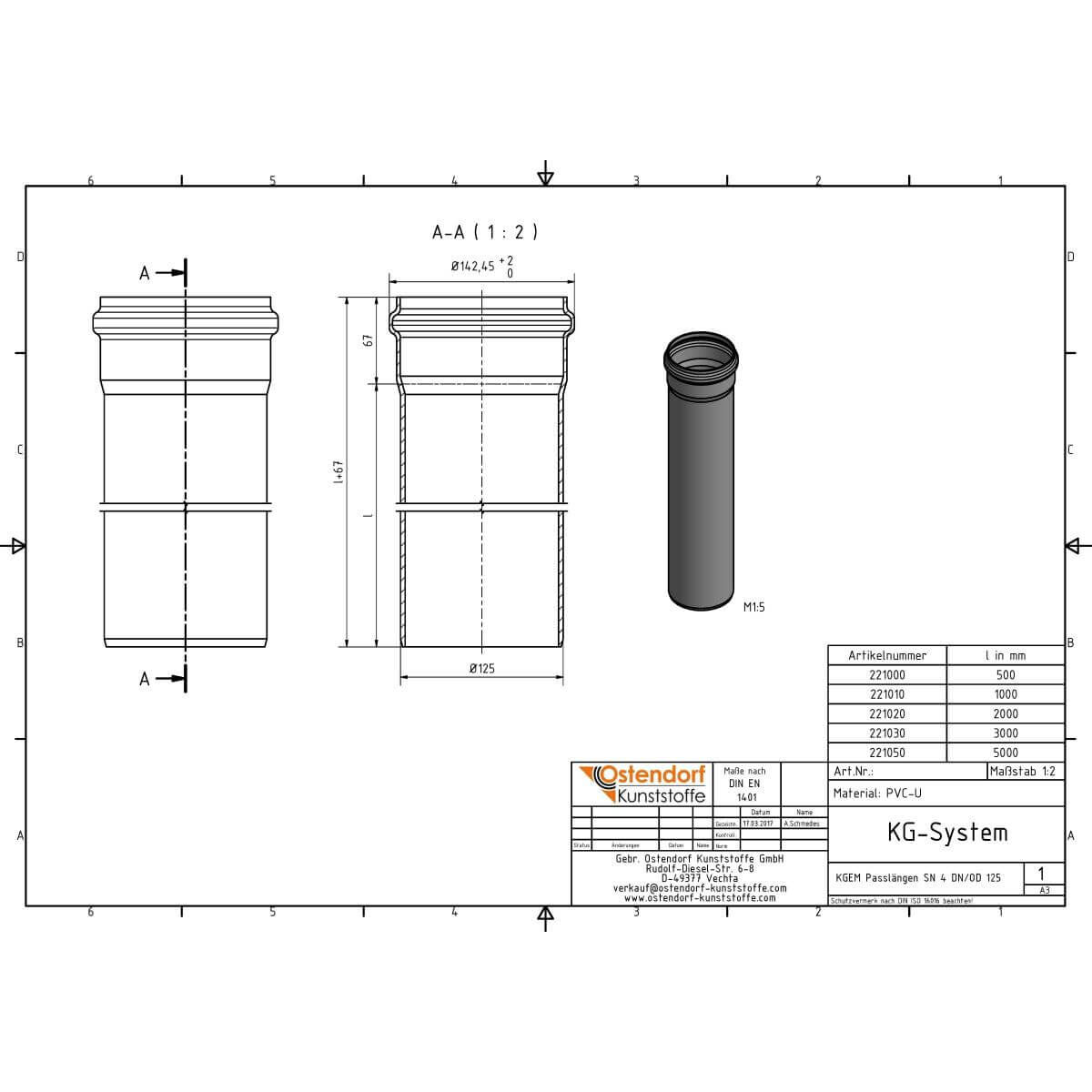 Ostendorf Rohr SN KG 4 Coex EM DN/OD 125 x 3,2 mm 500 mm mit Muffe